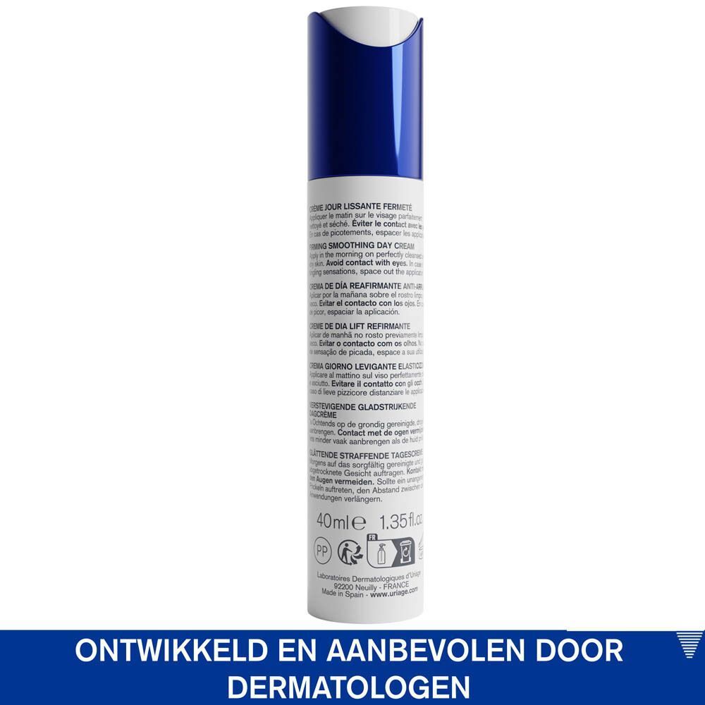 Witte fles met blauwe dop. Tekst: Crème Jour Lissante Fermeté, 40ml, 1.35 fl.oz.
