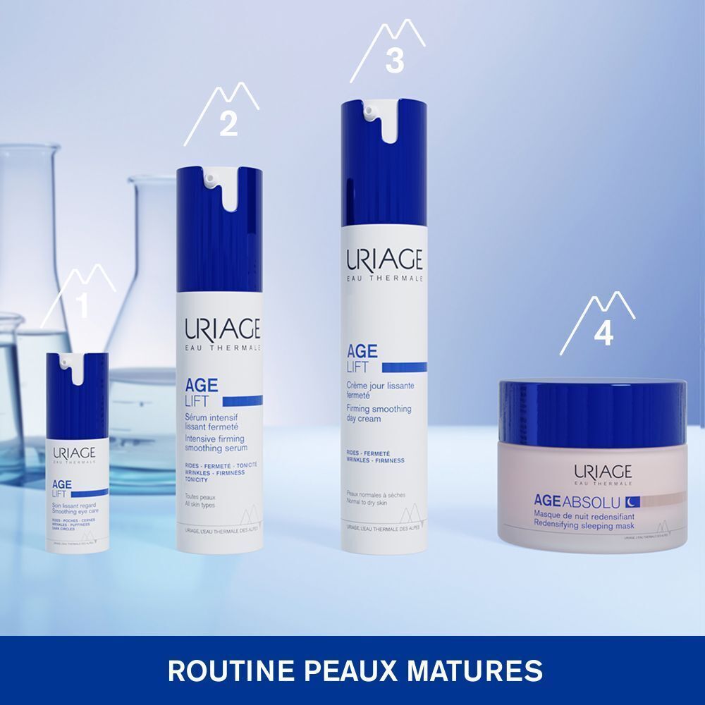 Gamme de produits: 4 produits. Uriage, Age Lift, Crème jour, Sérum, Age Absolu.