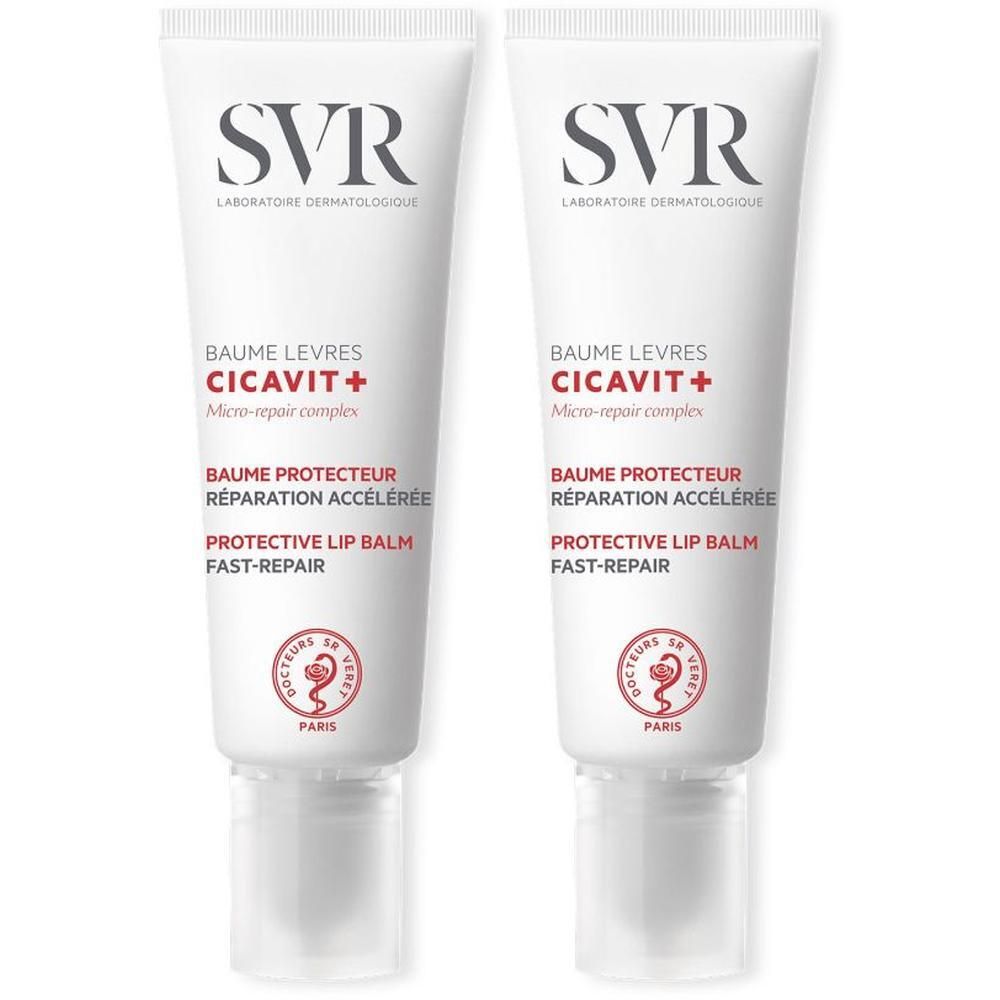 Deux tubes blancs avec texte rouge et noir. Inscription: Baume Levres Cicavit+, Micro-repair complex, Baume protecteur réparation accélérée.