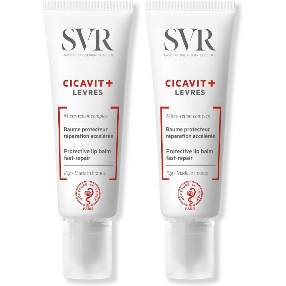 Twee witte tubes met rode en zwarte tekst. Opschrift: SVR Cicavit+ Levres, Micro-repair complex, Baume protecteur réparation accélérée.