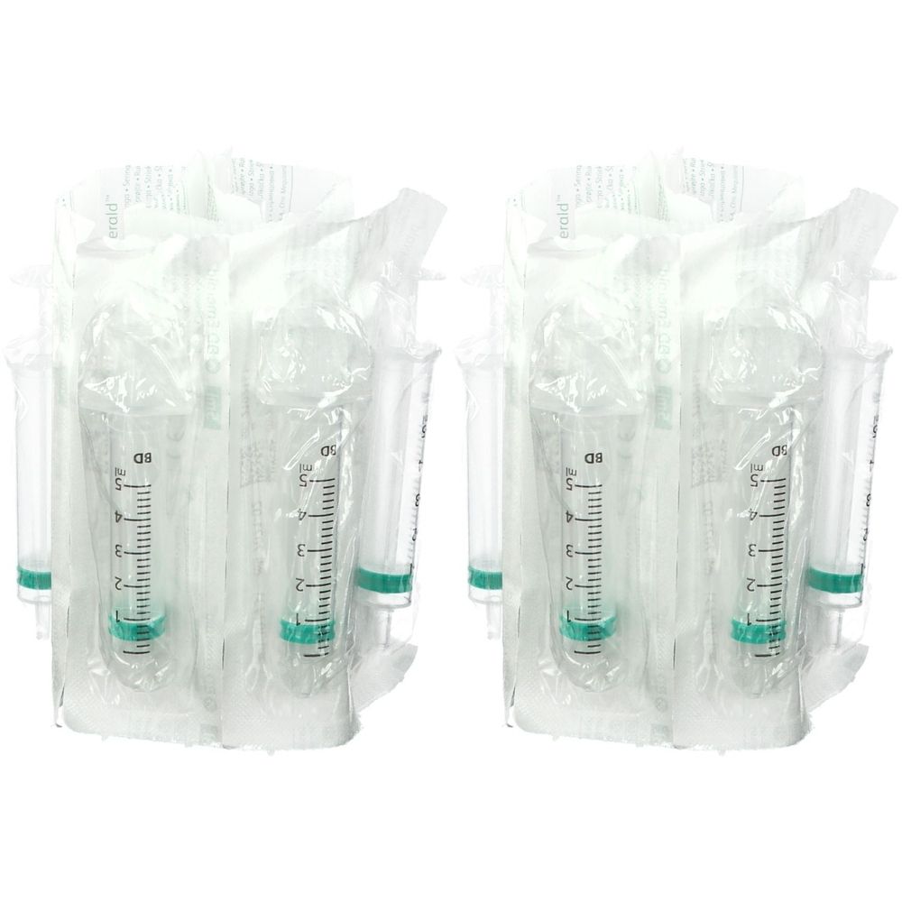Meerdere steriele spuiten, individueel verpakt. Cilinder met schaalverdeling, groene zuiger. Transparante plastic verpakking.