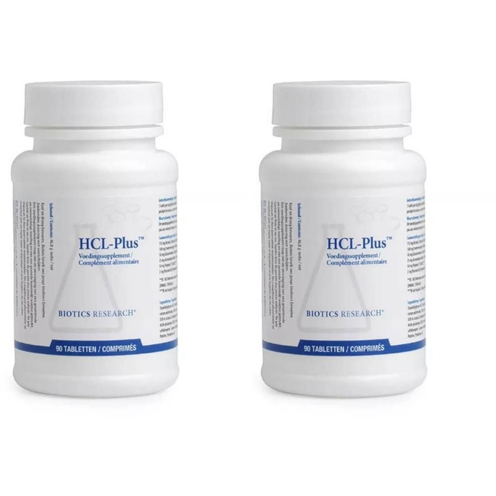 Deux bouteilles blanches de HCL-Plus™ Complément alimentaire par BIOTICS RESEARCH, 90 comprimés chacune.