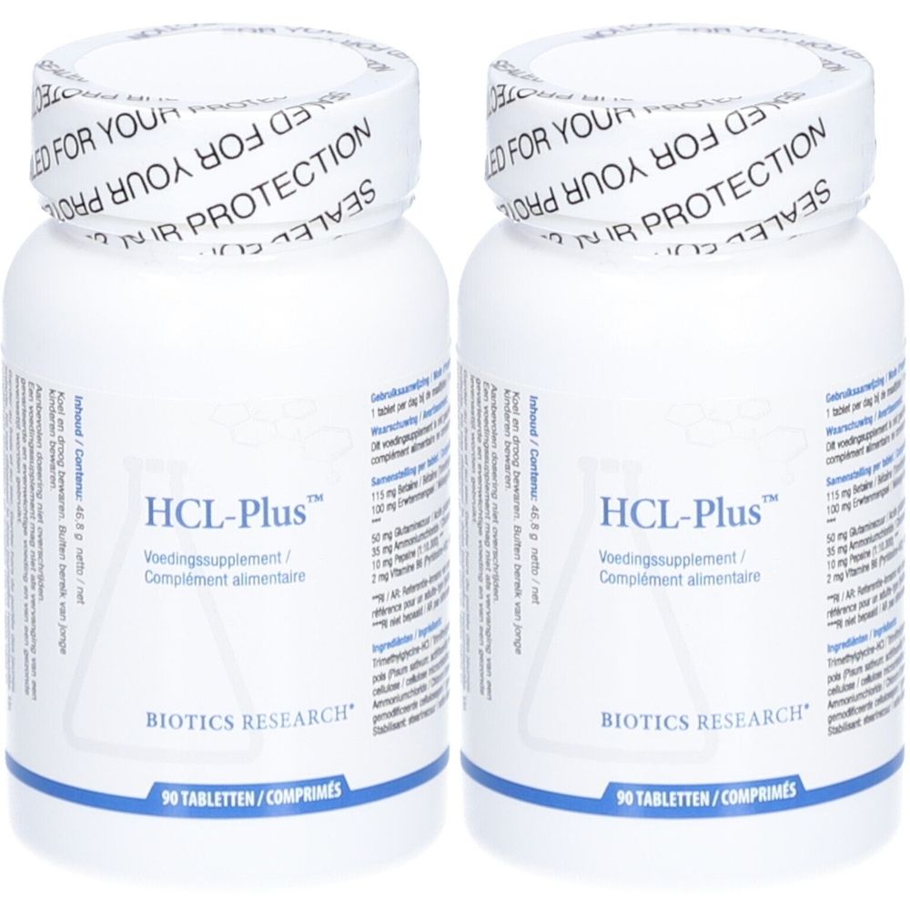 Twee witte flessen met HCL-Plus label. Opschrift: Voedingssupplement/Complément alimentaire. Merk: BIOTICS RESEARCH. 90 Tabletten/Comprimés.