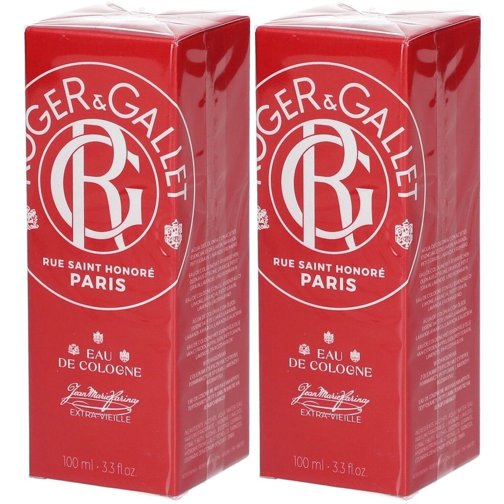 Twee rode dozen. Opschrift: Roger & Gallet, Eau de Cologne, Jean Marie Farina, Paris. Witte tekst op rode achtergrond.