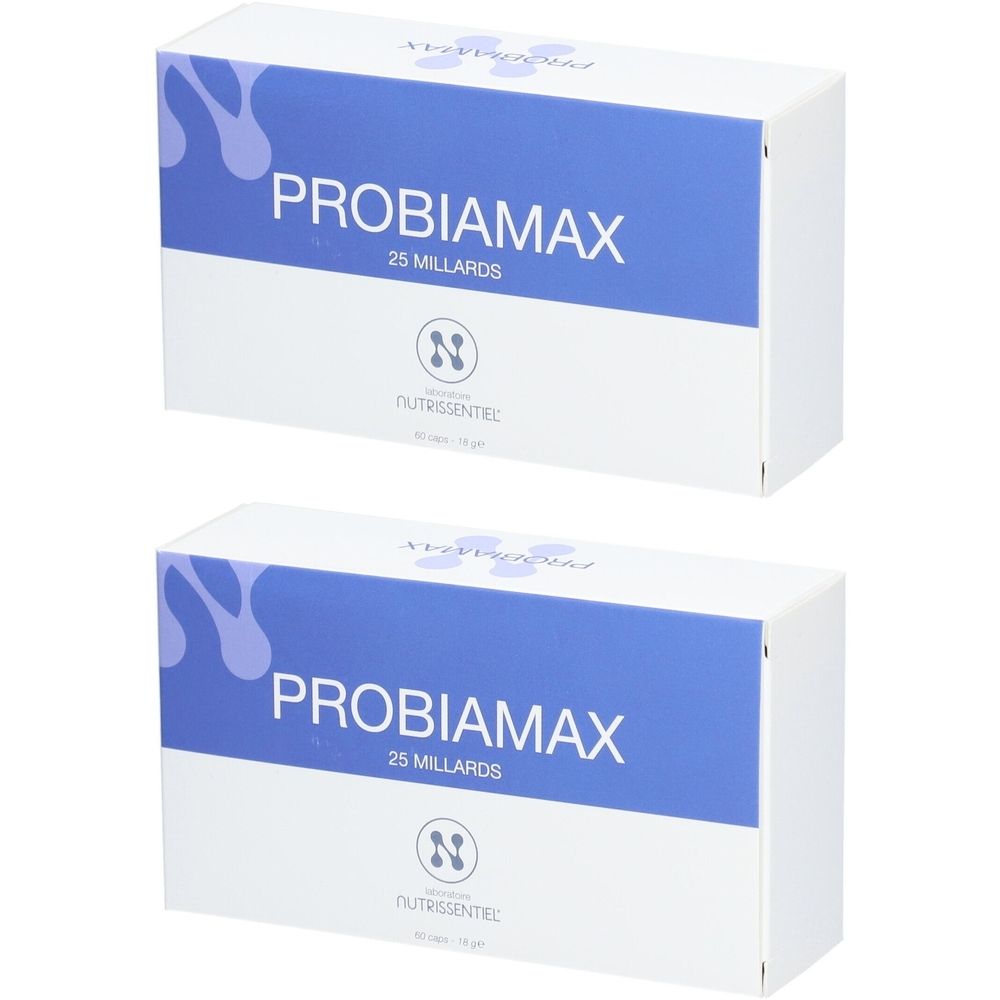 Twee witte dozen met blauwe band. Opschrift: PROBIAMAX 25 MILLIARDS. Logo: NUTRISSENTIEL.
