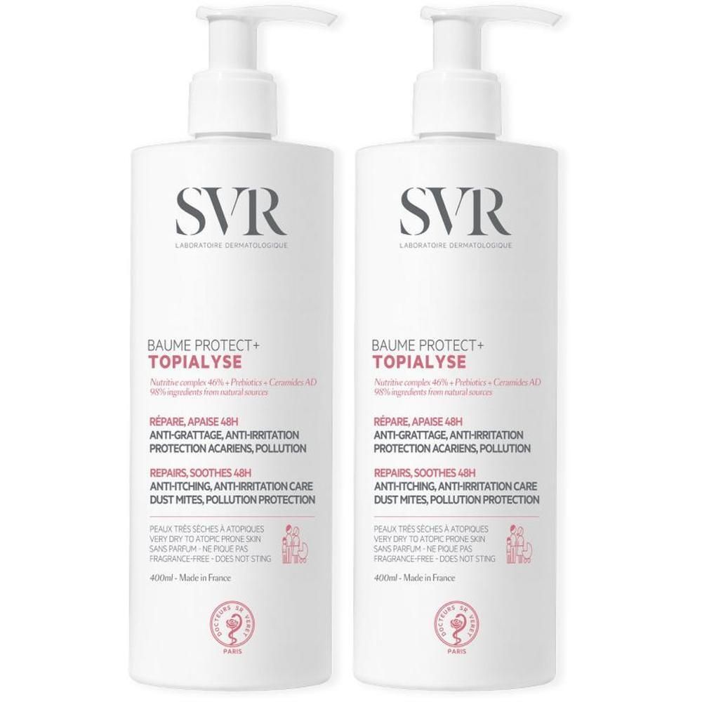 Twee witte flessen met SVR-logo en productnaam. Tekst: Baume Protect + Topialyse. Met pomp.