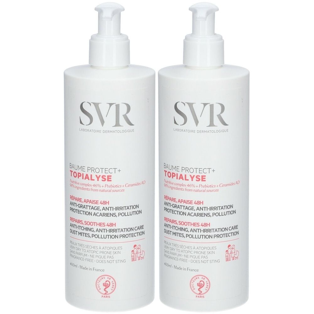 Twee witte flessen met SVR-logo en productnaam. Tekst: Baume Protect + Topialyse. Met pomp.