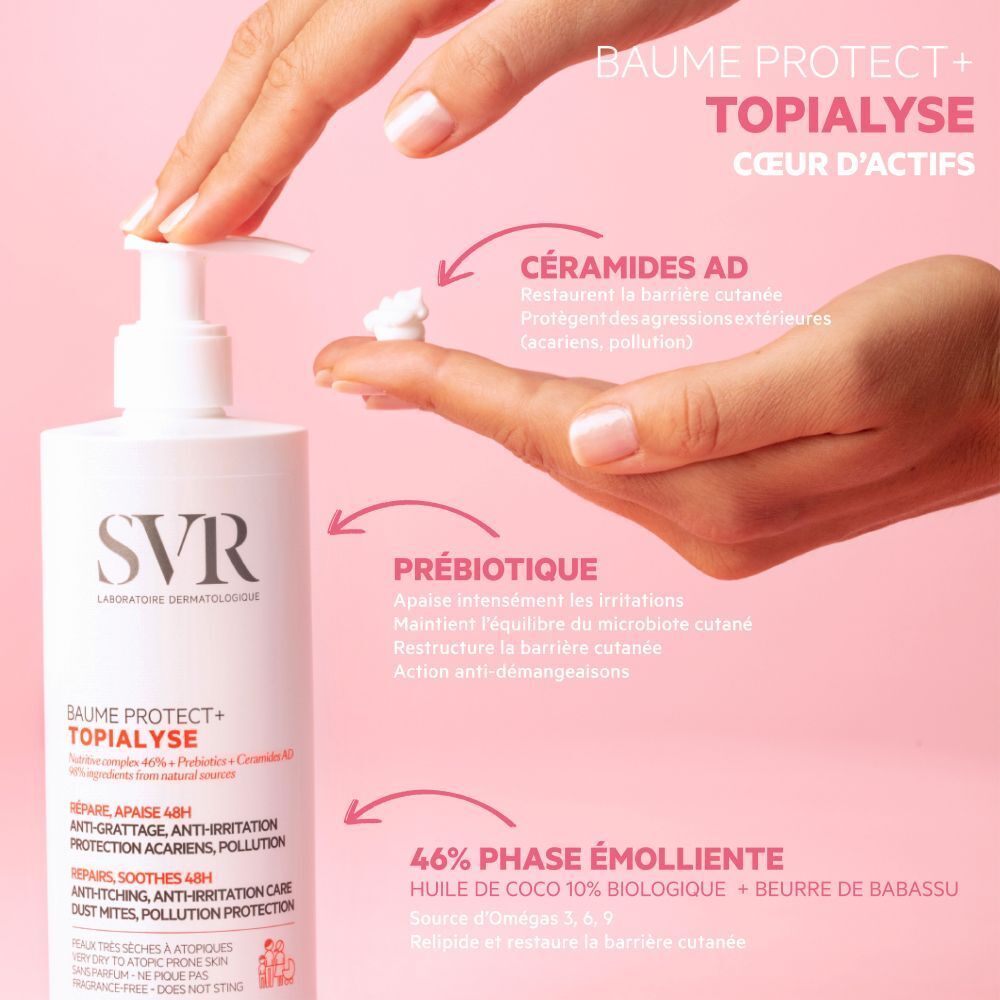 Product en handen met crème. Tekst: Baume Protect + Topialyse. Ingrediënten: Ceramiden, Prebiotica, 46% Emollient.