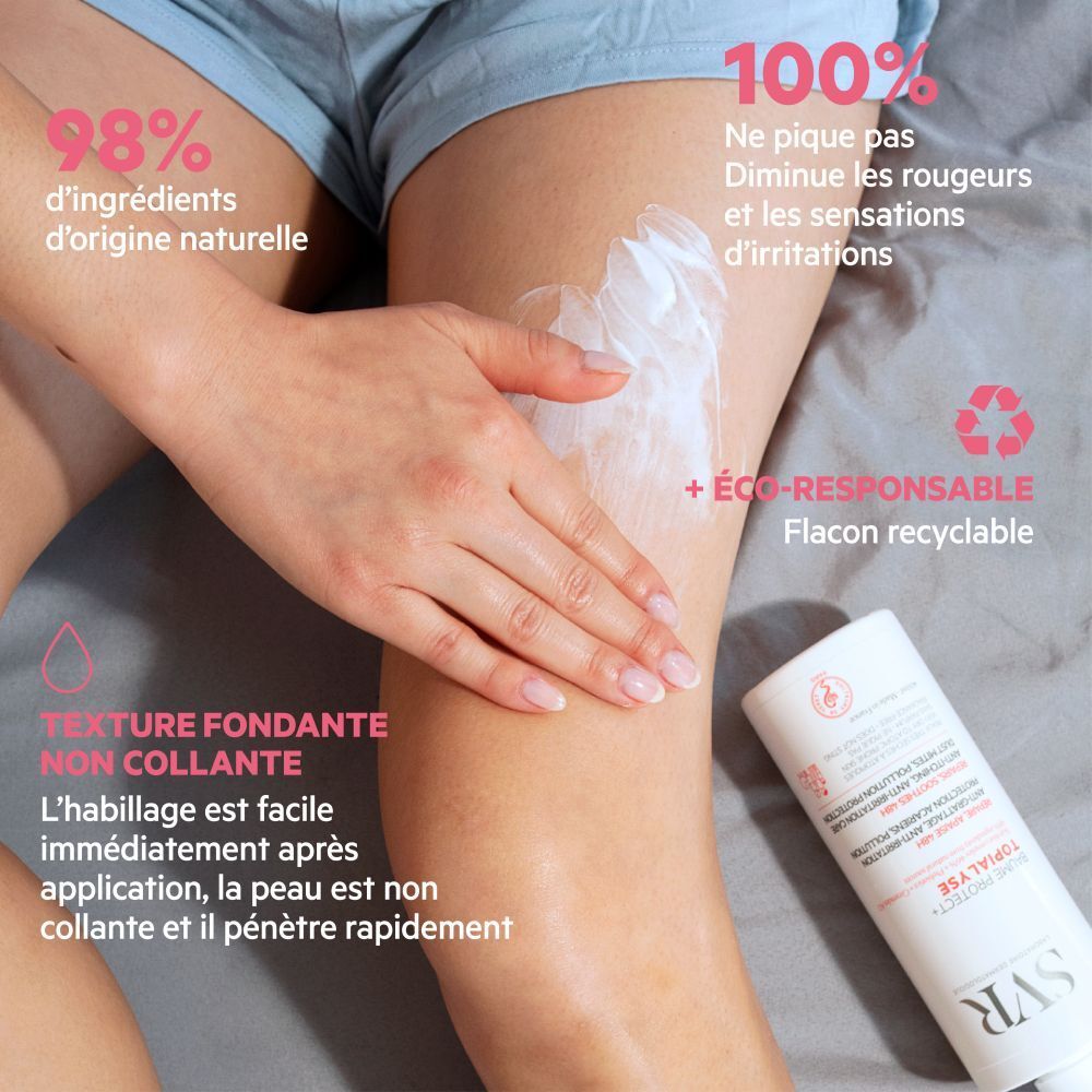 Been met crème. Tekst: Baume Protect + Topialyse. 98% natuurlijke ingrediënten, 100% vermindert roodheid. Recyclebare fles.