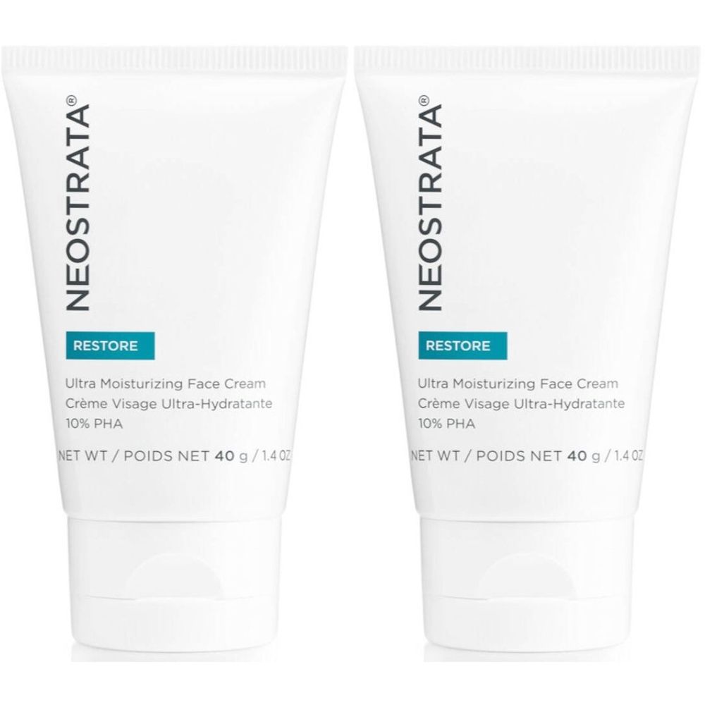 Twee witte tubes met tekst. Opschrift: NEOSTRATA, RESTORE, Ultra Moisturizing Face Cream, Crème Visage Ultra-Hydratante, 10% PHA, 40 g.