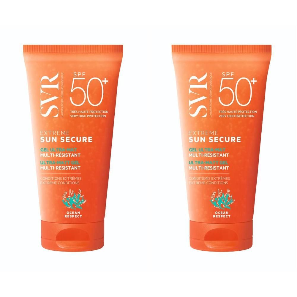Twee tubes SVR Sun Secure Extreme SPF 50+. Oranje tubes met witte tekst. Opschrift: Extreme Sun Secure, Gel Ultra-Mat.