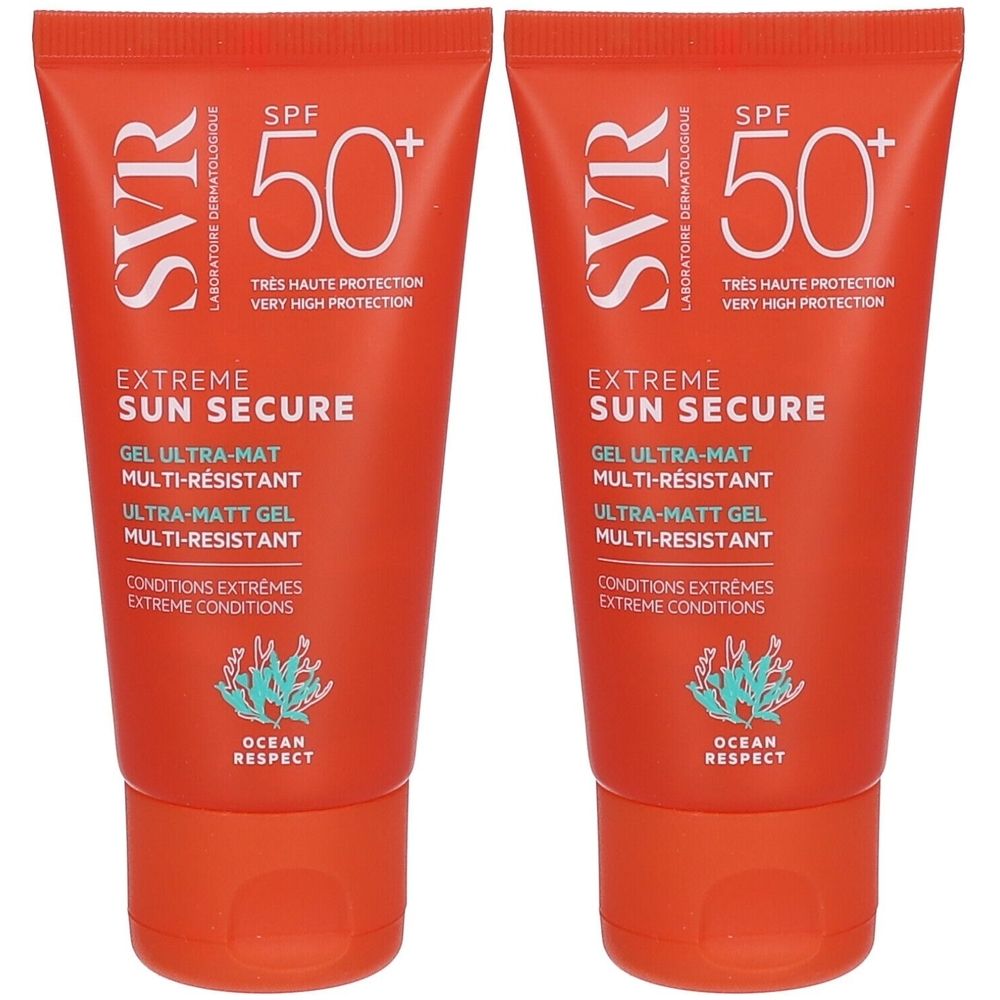 Deux tubes de SVR Sun Secure Extreme SPF 50+. Tubes orange avec texte blanc. Inscription : Extreme Sun Secure, Gel Ultra-Mat.