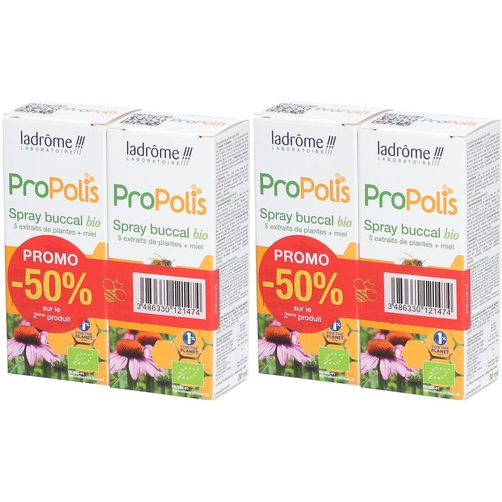 Plusieurs boîtes de "Propolis Spray buccal bio". Inscriptions : "PROMO -50%" et label bio.