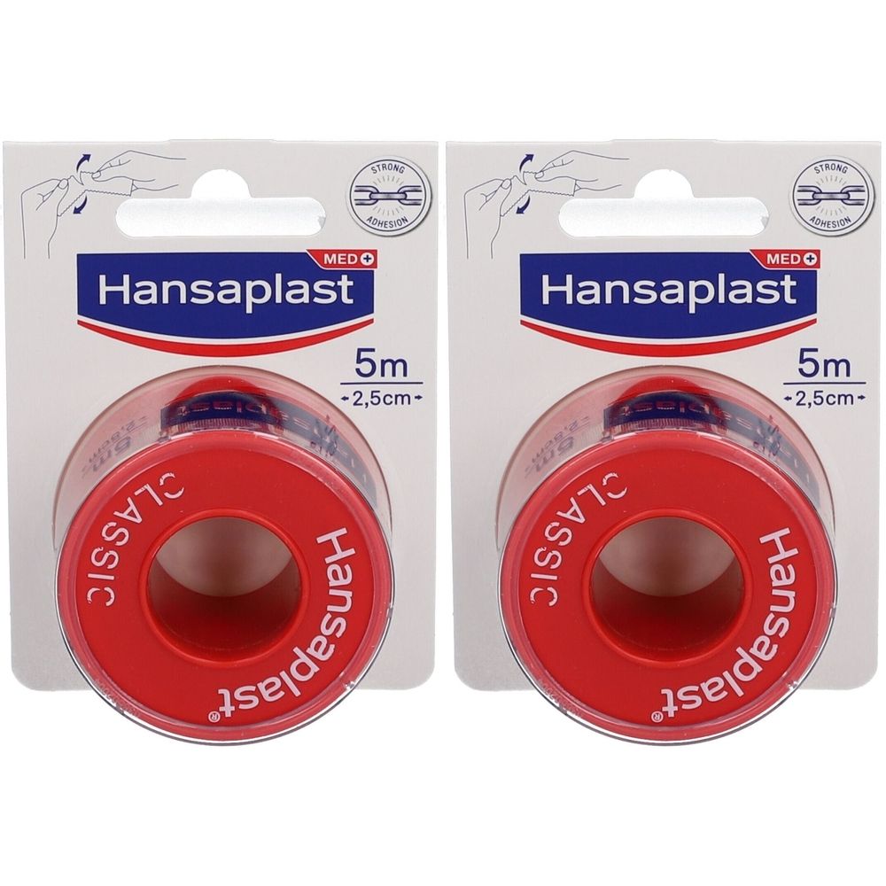Twee verpakkingen Sparadrap Classic. Rode rollen met witte tekst. Op de verpakking staat Hansaplast, 5 m, 2,5 cm.