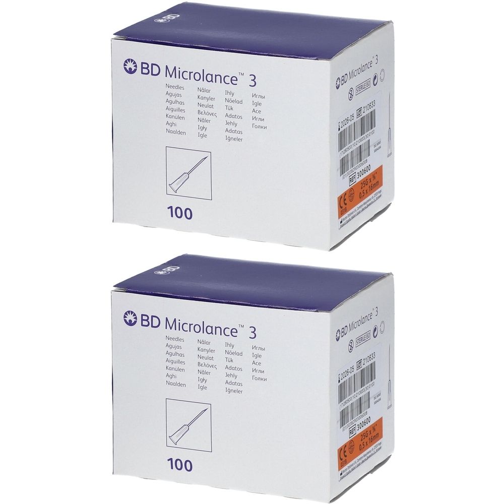 Twee dozen met BD Microlance 3. Elke doos toont een afbeelding van een naald en het cijfer 100.