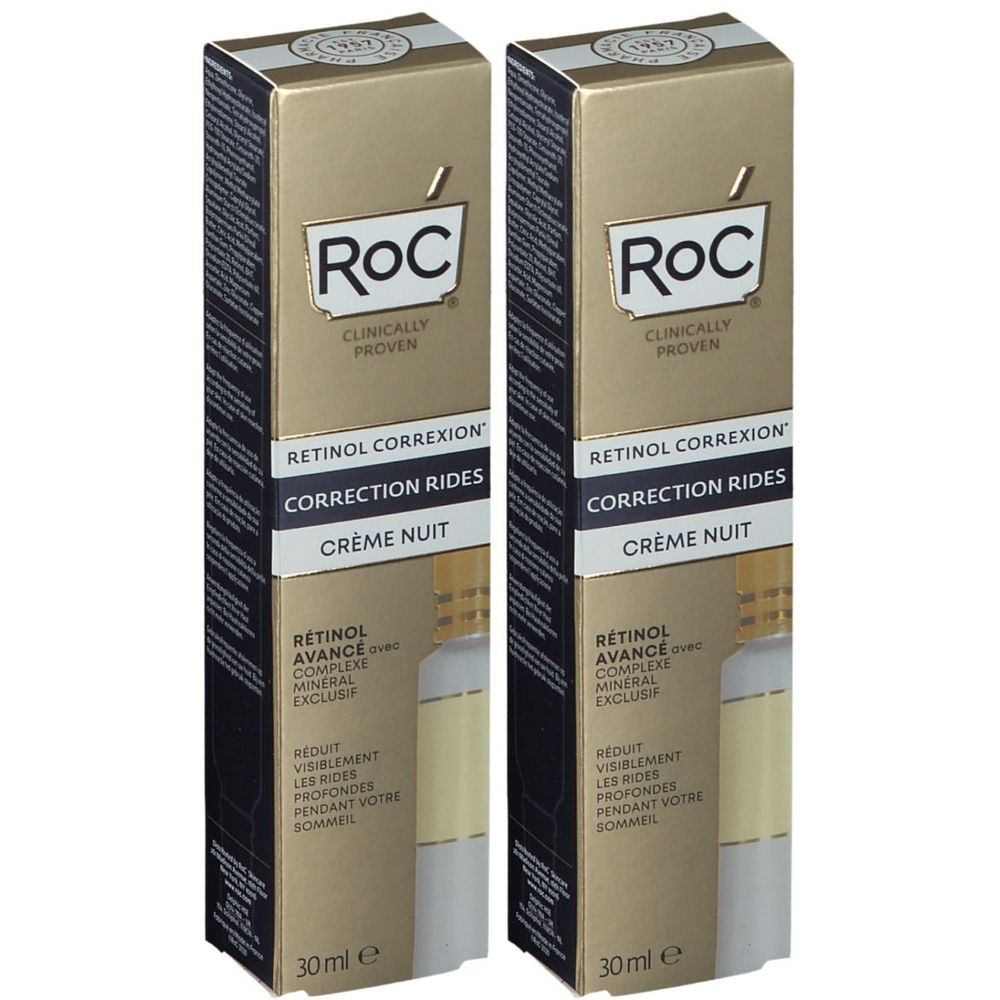 Twee dozen RoC® Retinol Correxion Crème Nuit. Gouden verpakking met productnaam en logo. 30 ml.
