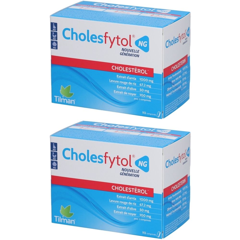 Twee dozen Tilman® Cholesfytol® NG. Blauwe verpakking met witte tekst. Opschrift: Cholesfytol, Nouvelle Génération, Cholesterol.