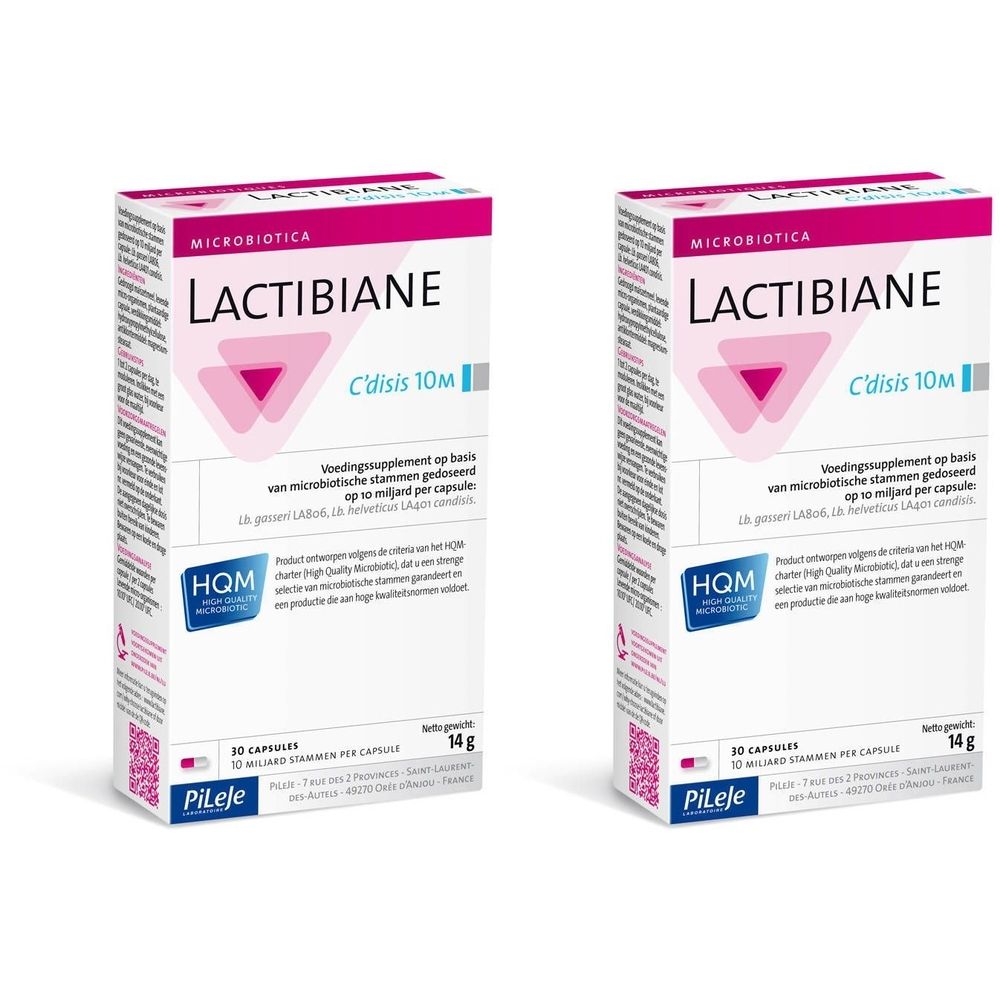 Twee rechthoekige dozen. Opschrift: LACTIBIANE C'disis 10M. Roze en witte verpakking. Merk Pileje.
