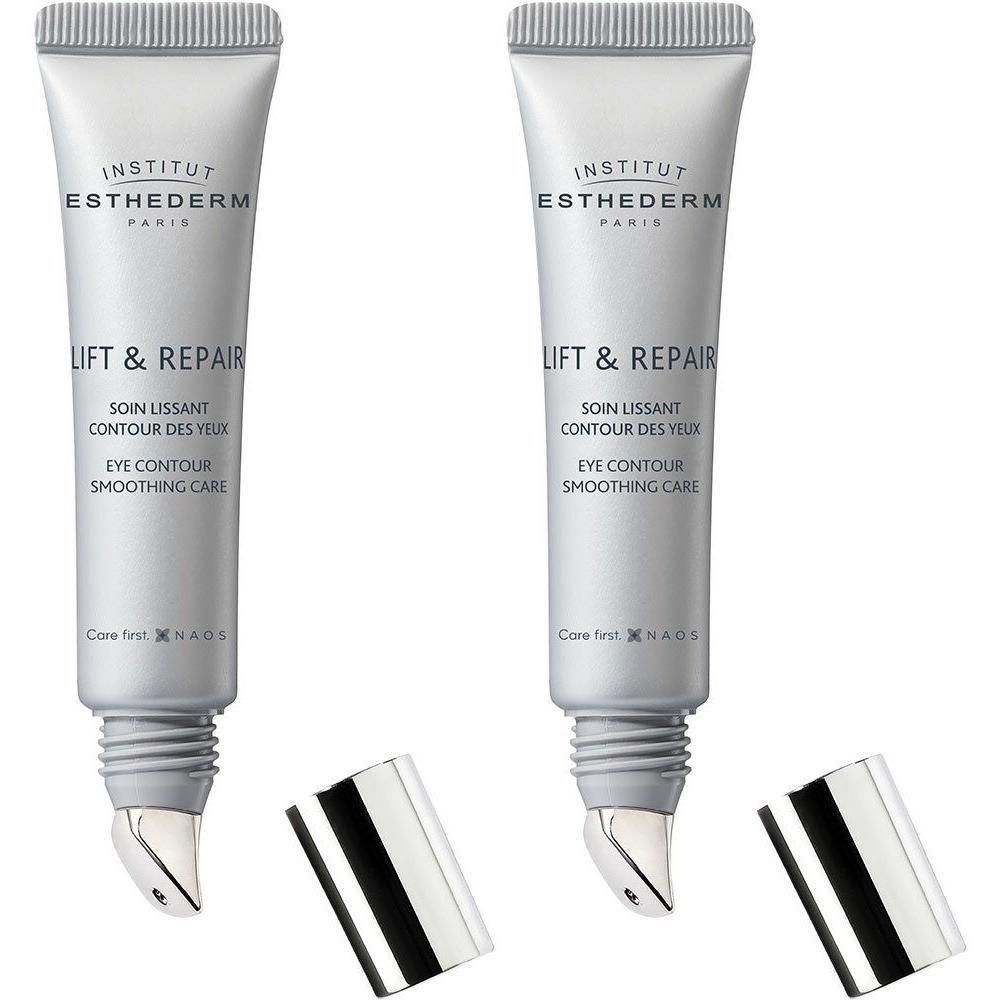 Deux tubes de soin contour des yeux INSTITUT ESTHEDERM Lift & Repair. Tubes argentés, applicateurs et bouchons argentés.