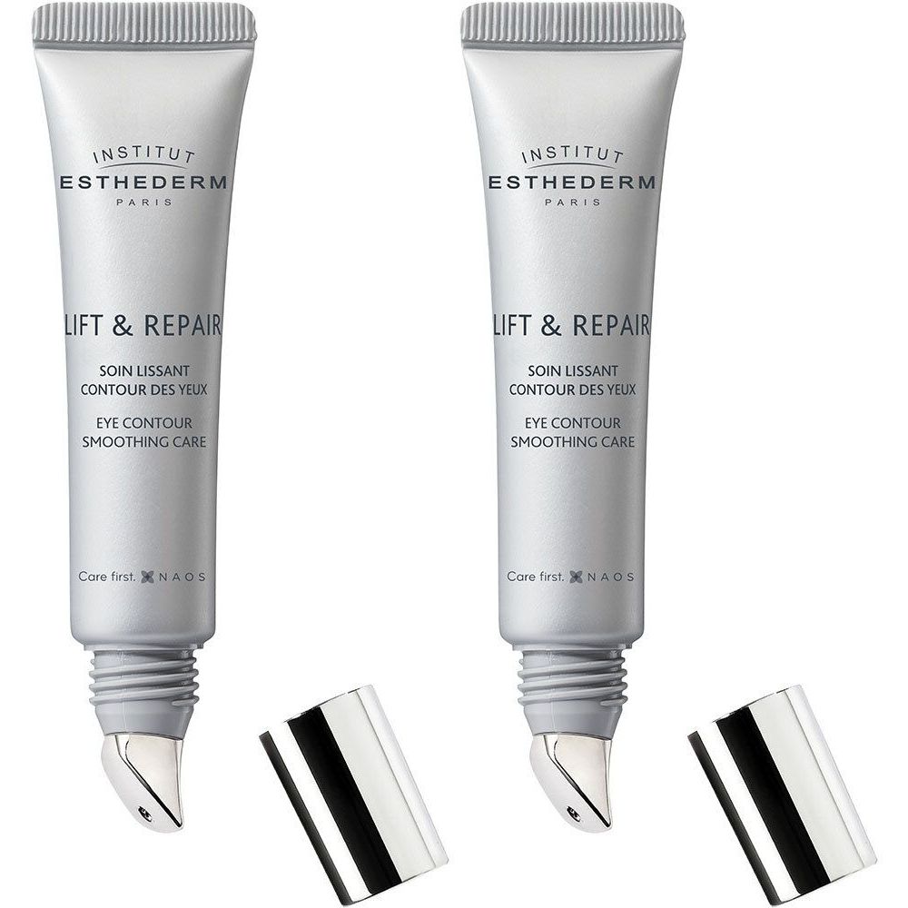 Twee tubes INSTITUT ESTHEDERM Lift & Repair oogcontourverzorging. Zilverkleurige tubes met zilveren applicators en doppen.