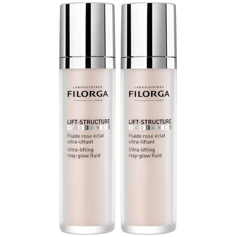 Twee flacons FILORGA Lift-Structure Radiance. Wit glas, zilveren dop. Opschrift: Lift-Structure Radiance, Fluide rose éclat ultra-liftant.