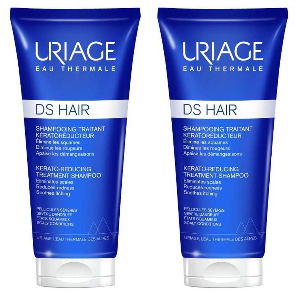 Twee blauwe tubes Uriage DS Hair Shampooing Traitant Kératoréducteur. Tekst in het Frans en Engels.