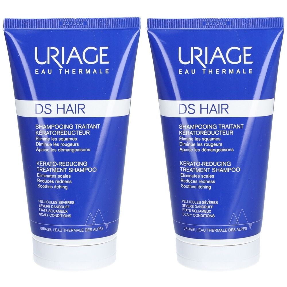 Twee blauwe tubes Uriage DS Hair Shampooing Traitant Kératoréducteur. Tekst in het Frans en Engels.