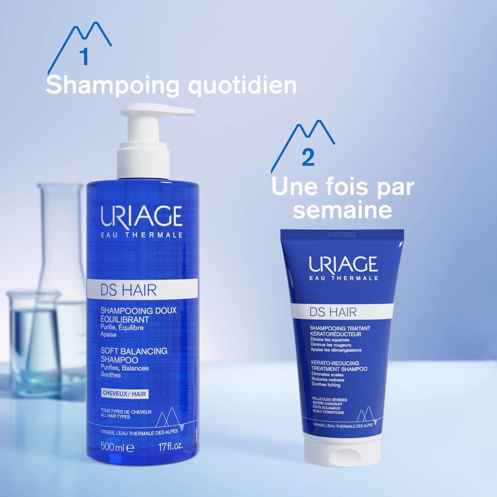 Uriage DS Hair Shampooing doux équilibrant et Uriage DS Hair Shampooing Traitant Kératoréducteur.