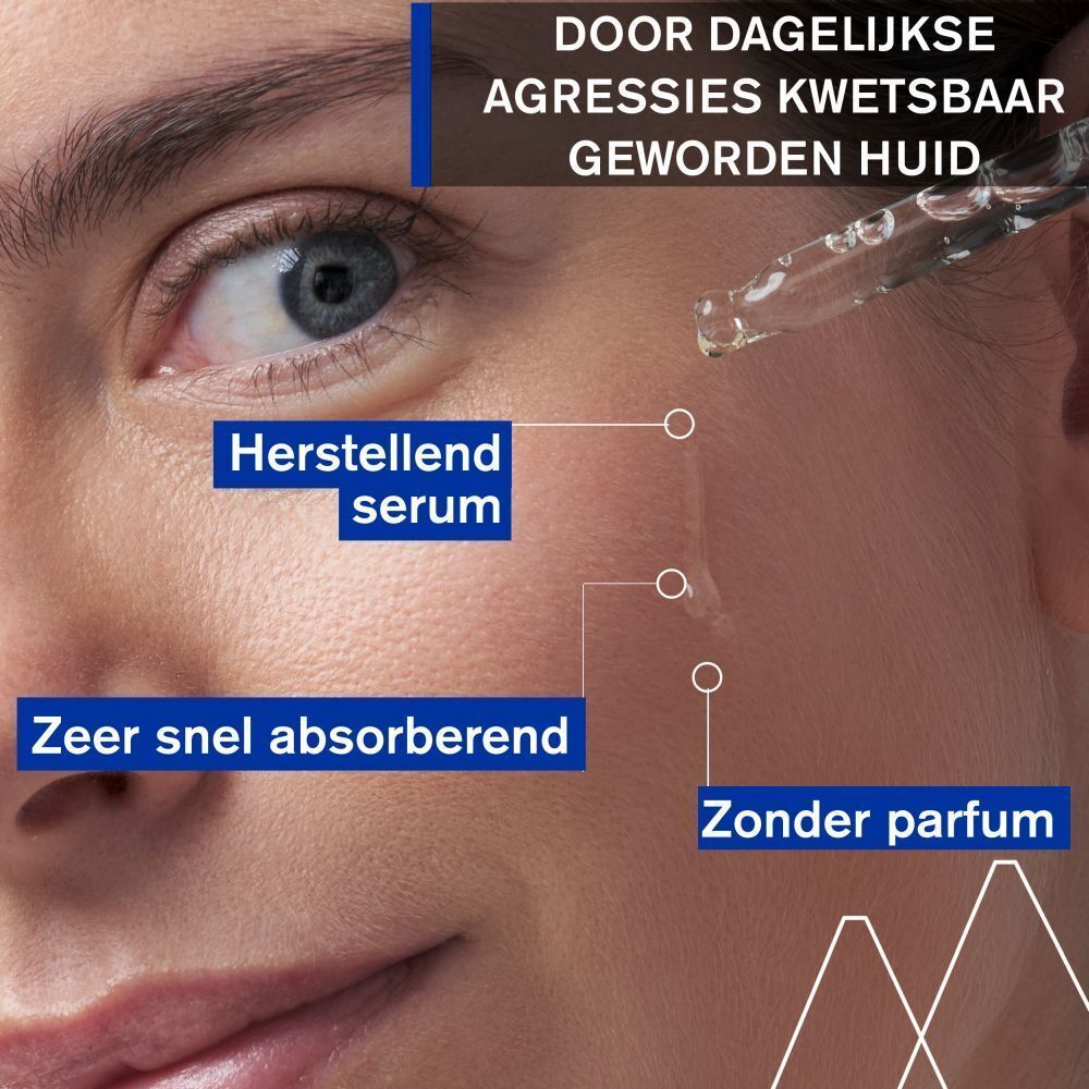 Close-up van een gezicht. Tekst: Herstellend serum, Zeer snel absorberend, Zonder parfum. Product applicator.