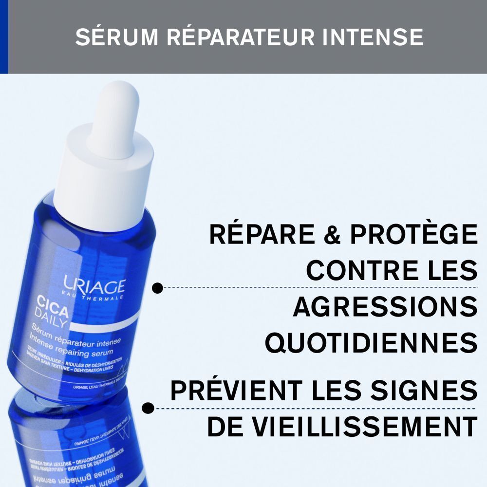 Flacon bleu avec bouchon blanc. Texte: Sérum réparateur intense, Répare & Protège, Prévient les signes de vieillissement.