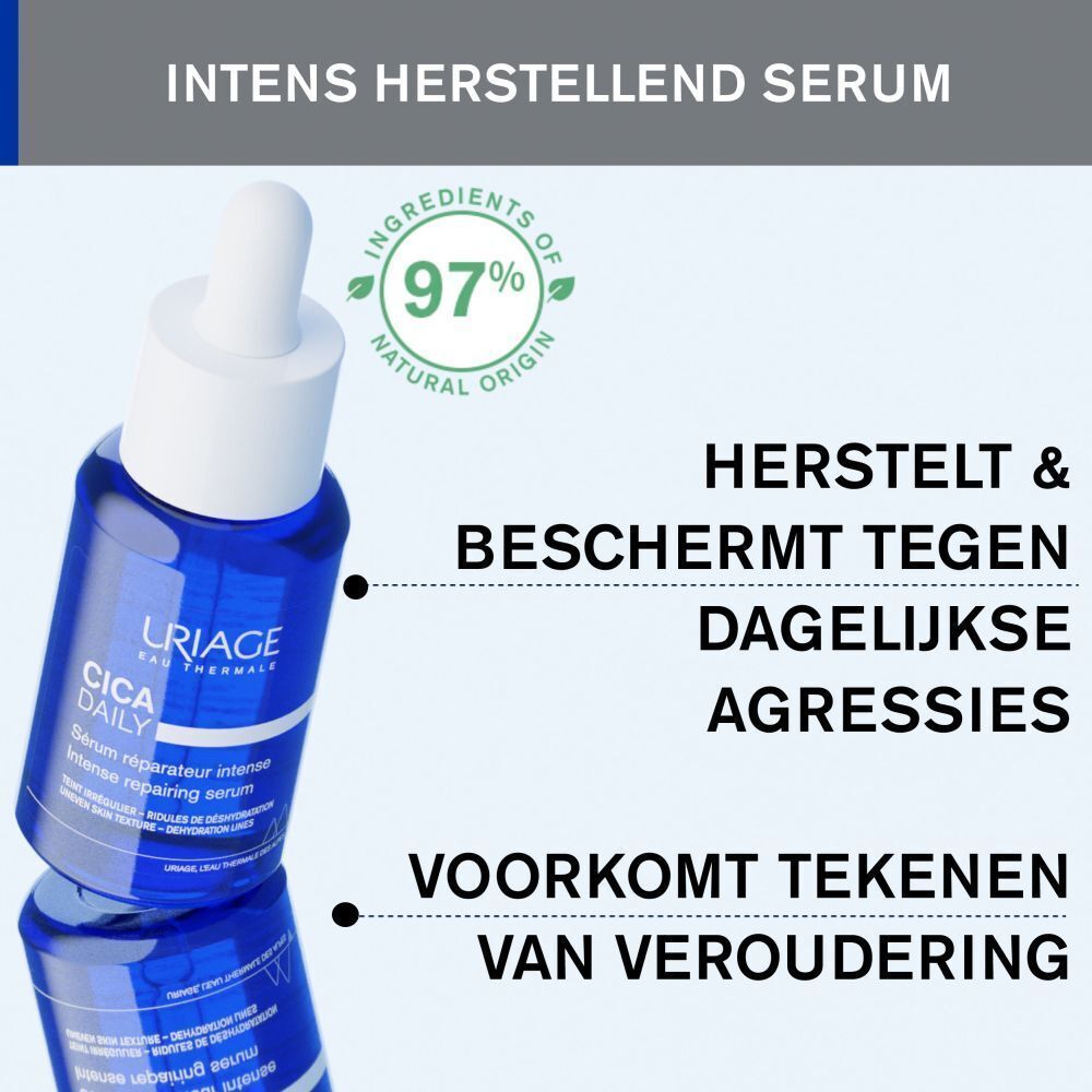 Blauwe fles met witte dop. Tekst: Intens herstellend serum, Herstelt & beschermt, Voorkomt tekenen van veroudering.