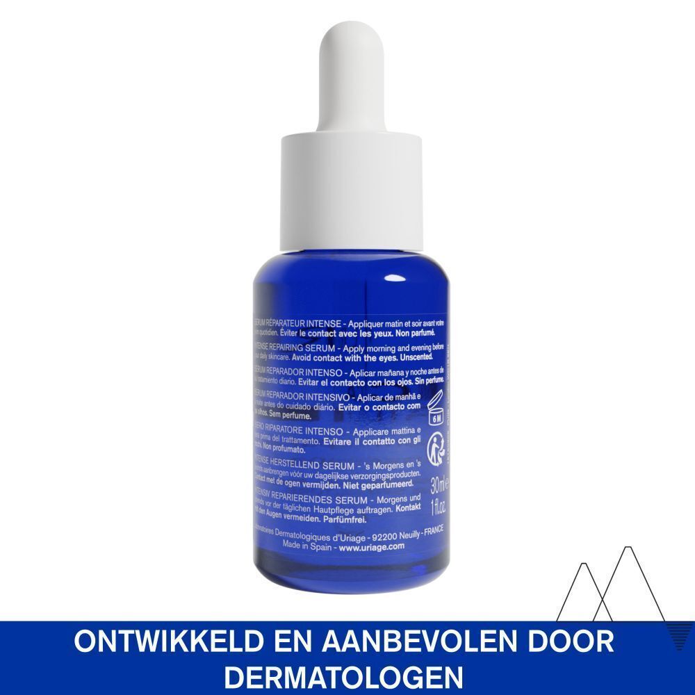 Blauwe fles met witte dop. Tekst: Herstellend serum, 30ml. Ontwikkeld en aanbevolen door dermatologen.