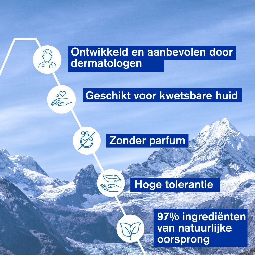 Grafiek met tekst: Ontwikkeld en aanbevolen door dermatologen, Geschikt voor kwetsbare huid, Zonder parfum, Hoge tolerantie.