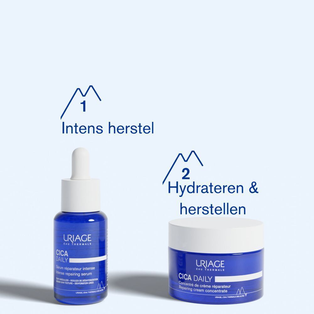 Blauwe fles en crème pot. Tekst: Intens herstel, Hydrateren & herstellen. URIAGE CICA DAILY.