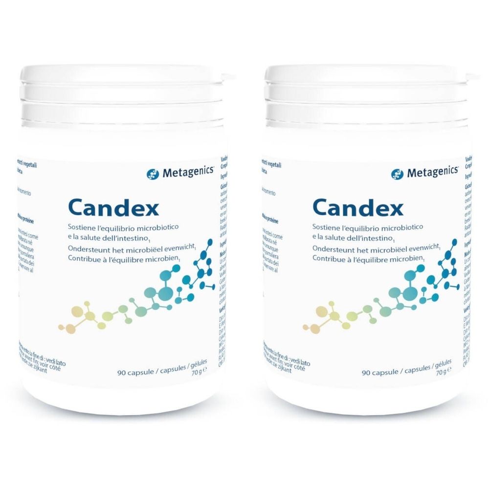 Twee witte potten Candex van Metagenics. Meertalige opschriften. Bevat 90 capsules. Witte achtergrond.