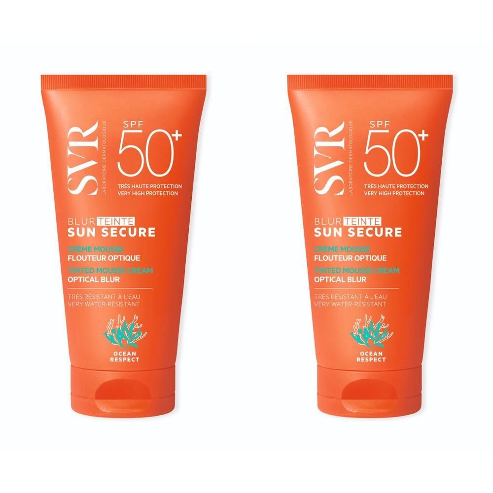 Deux tubes de SVR Sun Secure crème solaire teintée mousse SPF50+. Emballage orange avec texte blanc. Visible: SPF50+ et nom du produit.