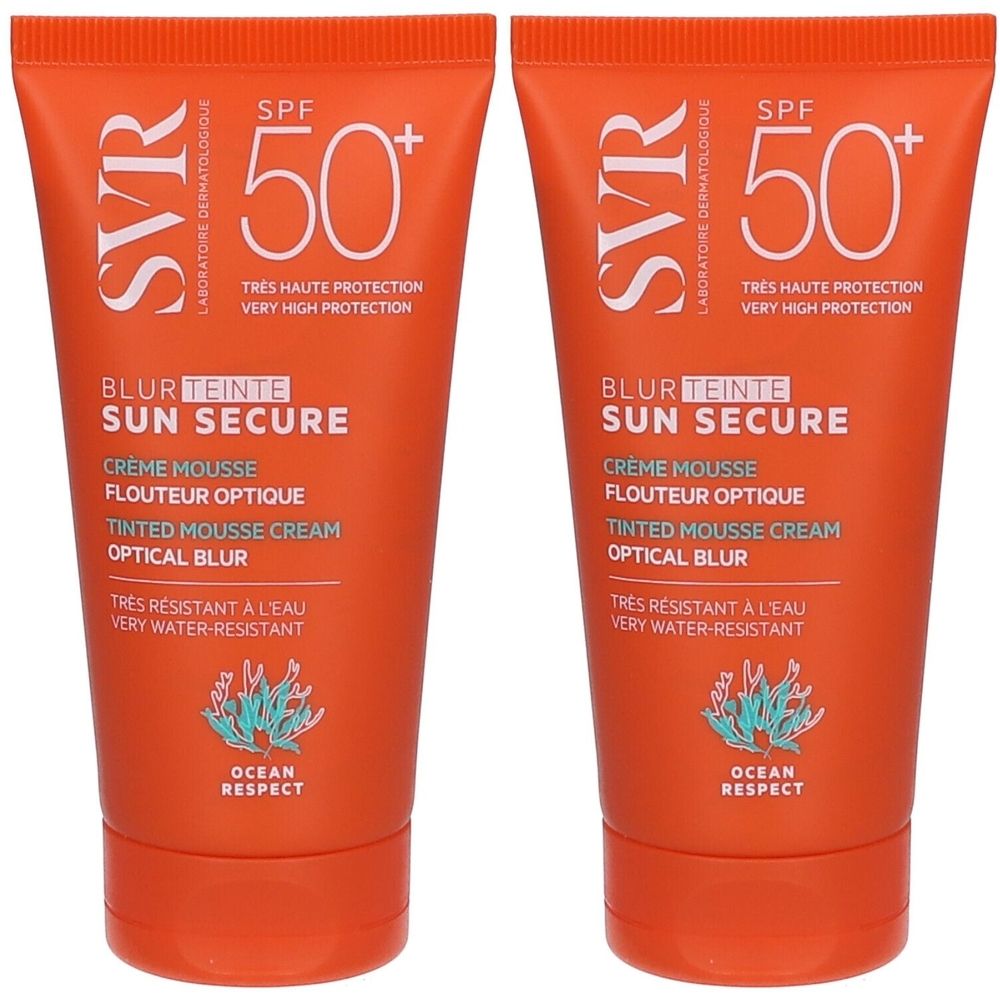 Twee tubes SVR Sun Secure getinte zonnecrème mousse SPF50+. Oranje verpakking met witte tekst. Zichtbaar: SPF50+ en productnaam.