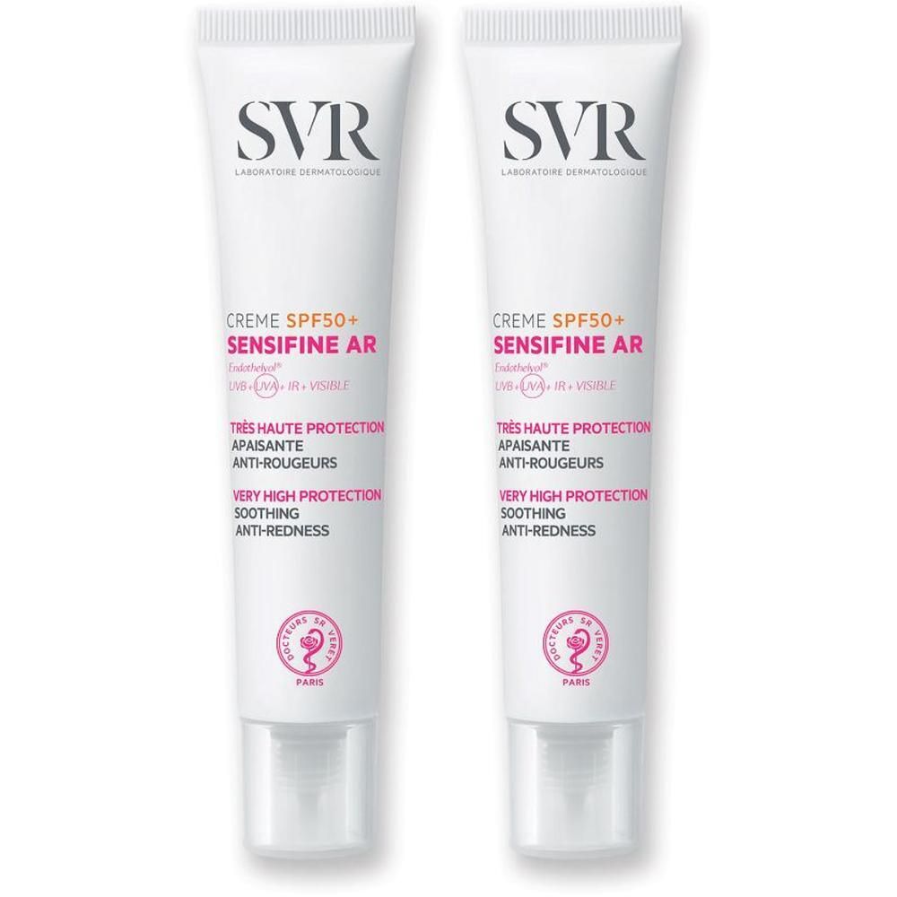 Deux tubes de crème SVR Sensifine AR LSF50. Tubes blancs avec texte rouge et noir. Inscription: Crème SPF50+ Sensifine AR. Logo: SVR.