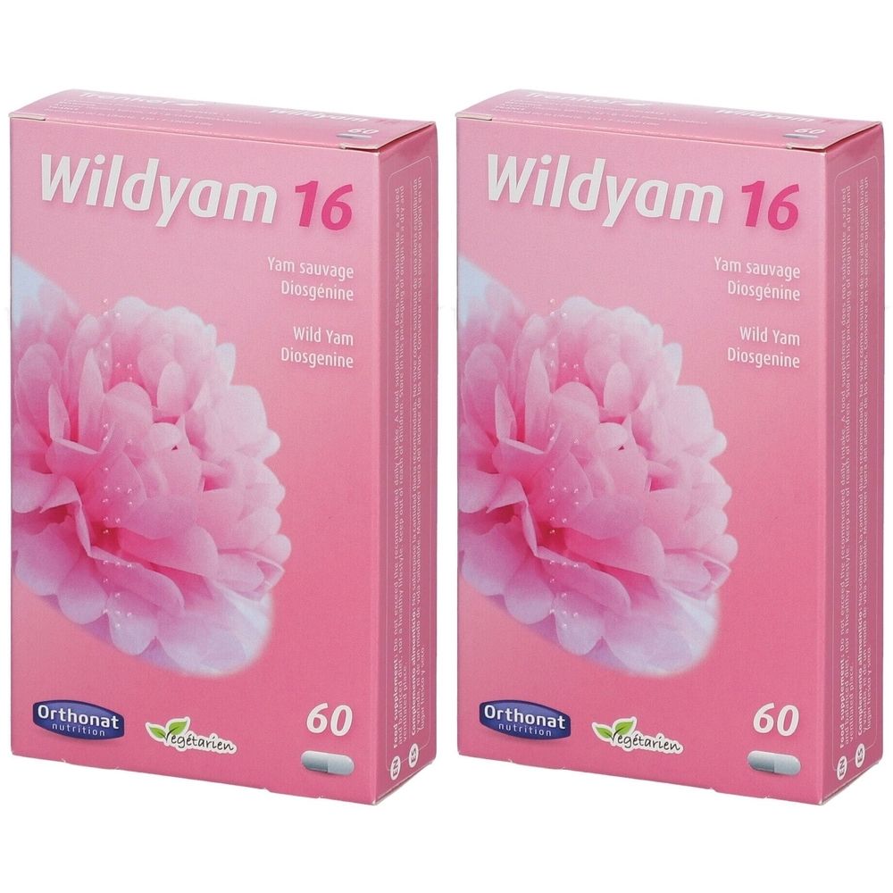 Deux boîtes roses « Wildyam 16 ». Inscription : Yam sauvage, Diosgenine, Wild Yam, Diesgenine. 60 gélules. Marque Orthonat.