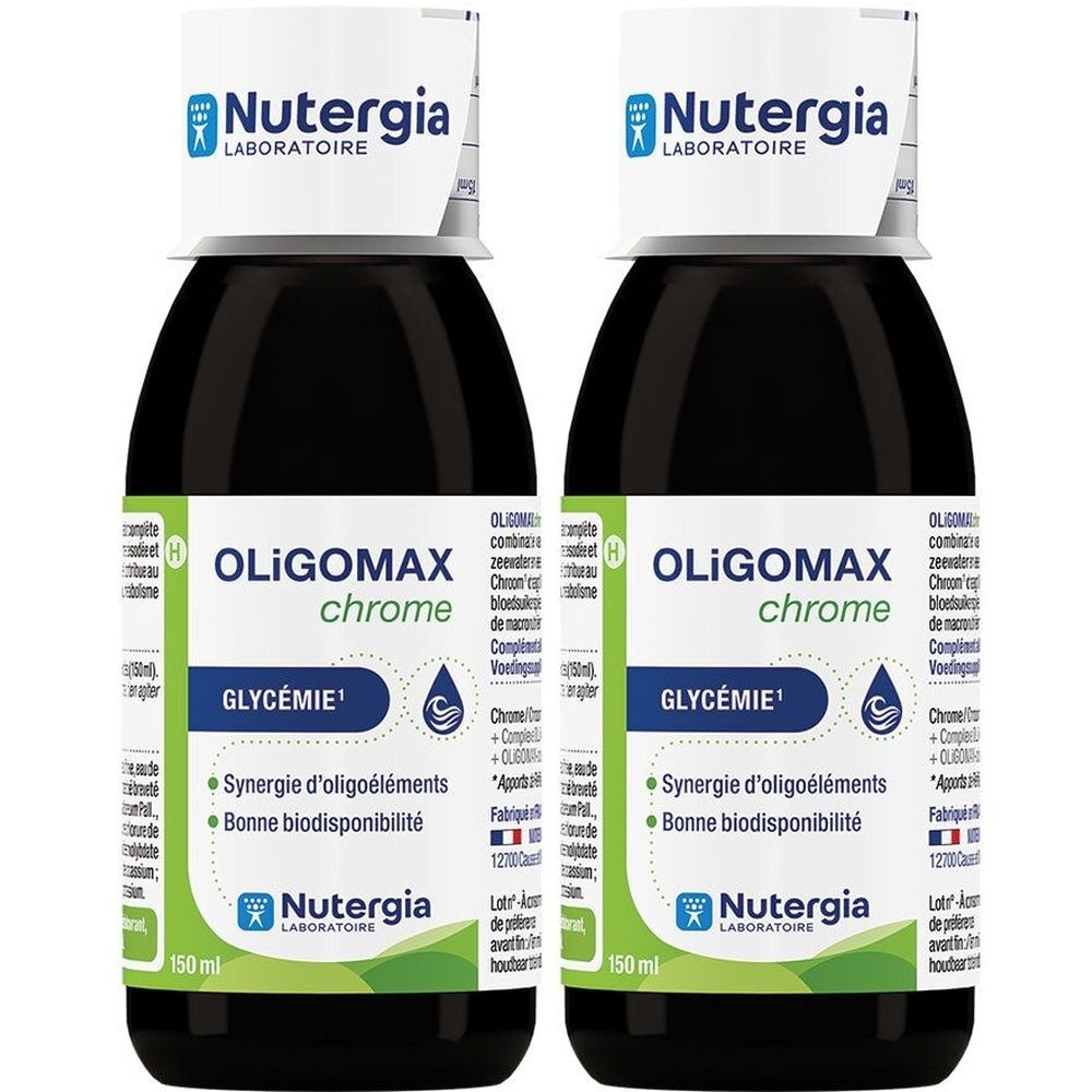Twee flessen met zwarte vloeistof. Opschrift: Oligomax chrome, Glycémie, Nutergia Laboratoire. Groene en blauwe etiketten.