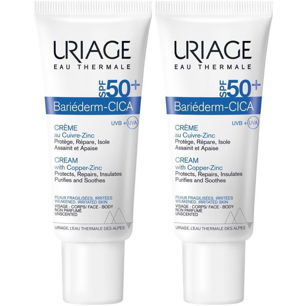 Twee tubes Uriage Bariéderm-CICA crème SPF 50+. Witte tubes met blauwe tekst.
