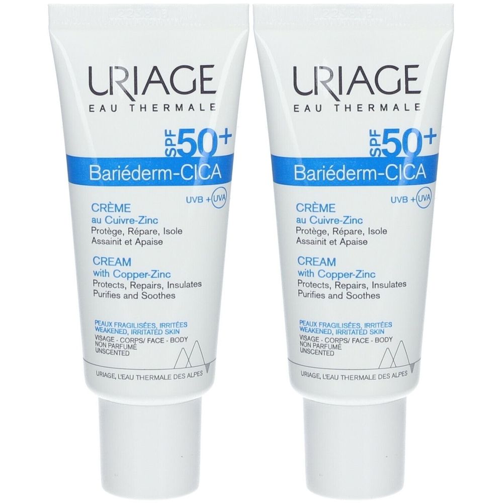 Twee tubes Uriage Bariéderm-CICA crème SPF 50+. Witte tubes met blauwe tekst.