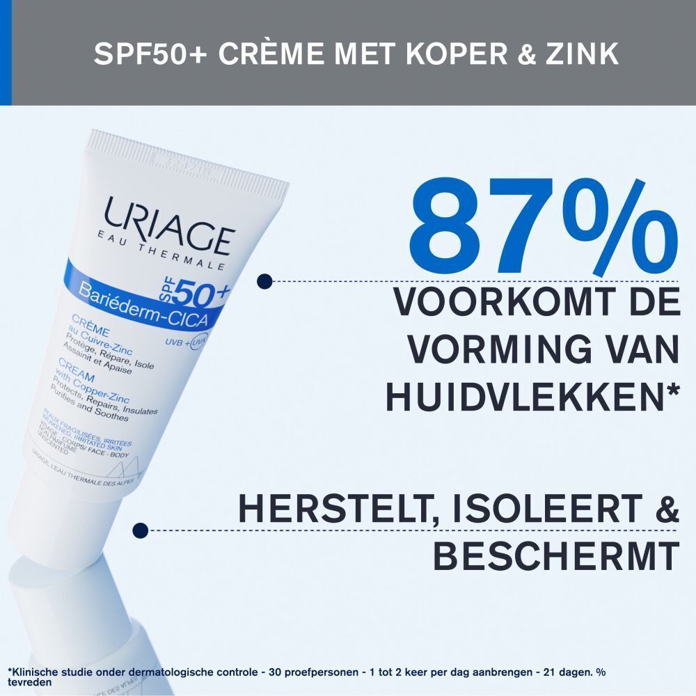 Uriage Bariéderm-CICA Crème SPF 50+. Tekst: SPF50+ crème met koper & zink. 87% voorkomt huidvlekken.