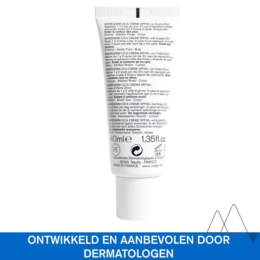Achterkant van de tube Uriage Bariéderm-CICA crème SPF 50+. Tekst en informatie.