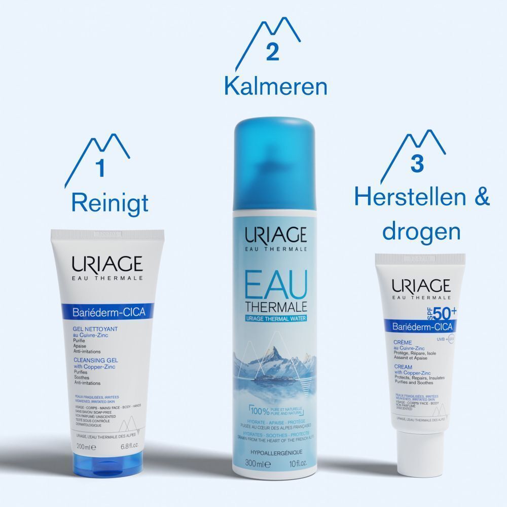 Drie Uriage producten: Reinigt, Kalmeren, Herstellen & drogen.