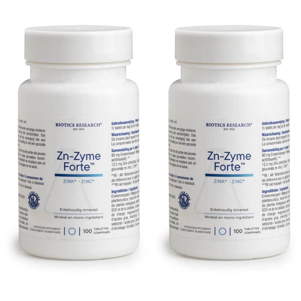 Deux flacons de Biotics Research Zn-Zyme Forte, complément alimentaire de zinc, 100 comprimés chacun.