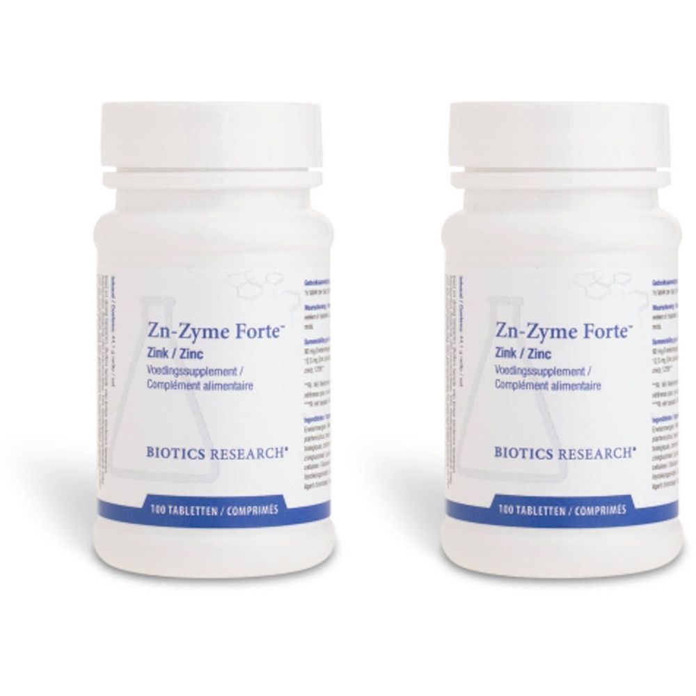 Twee witte flessen met etiket "Zn-Zyme Forte". Opschrift: Zink/Zinc, voedingssupplement. Merk: BIOTICS RESEARCH. 100 tabletten/comprimés.