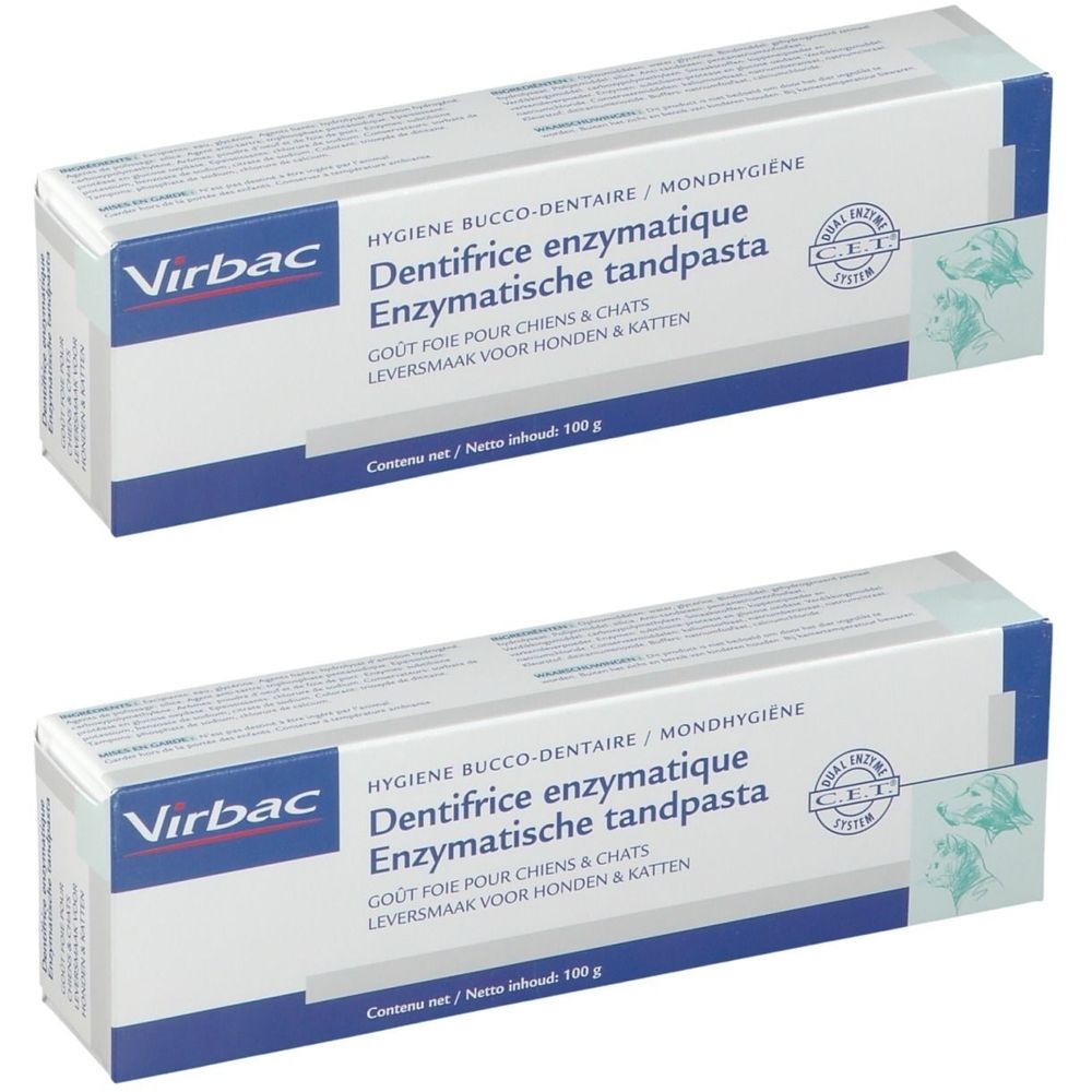 Deux boîtes rectangulaires. Inscription: Virbac, dentifrice enzymatique pour chiens et chats. Goût foie.