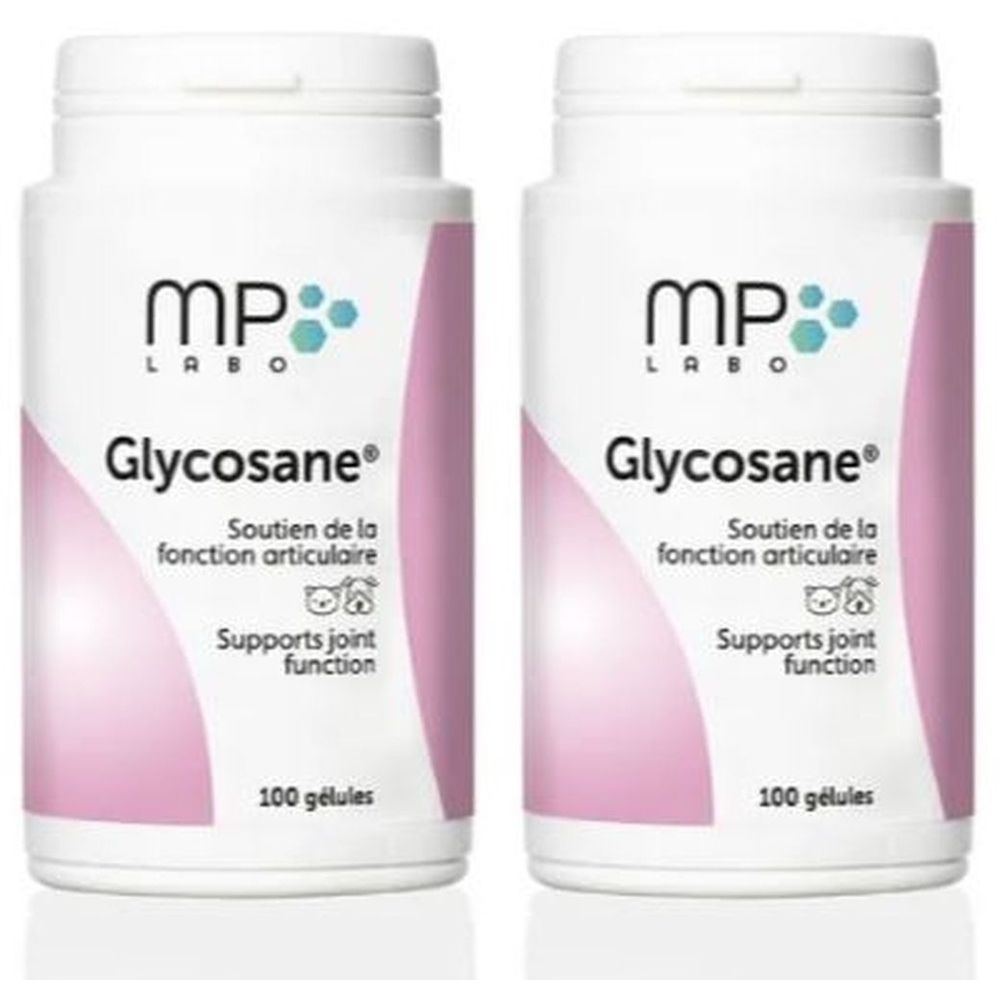 Twee witte flessen met roze etiket. Opschrift: MP LABO Glycosane, ondersteuning van de gewrichtsfunctie. 100 capsules.