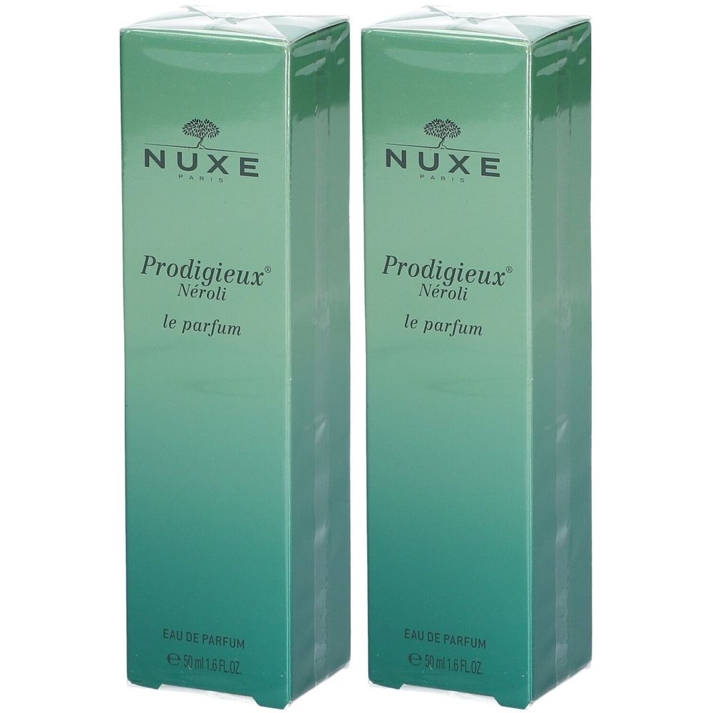 Twee groene dozen met Nuxe Prodigieux Néroli Le Parfum-logo. Eau de Parfum, 50 ml.
